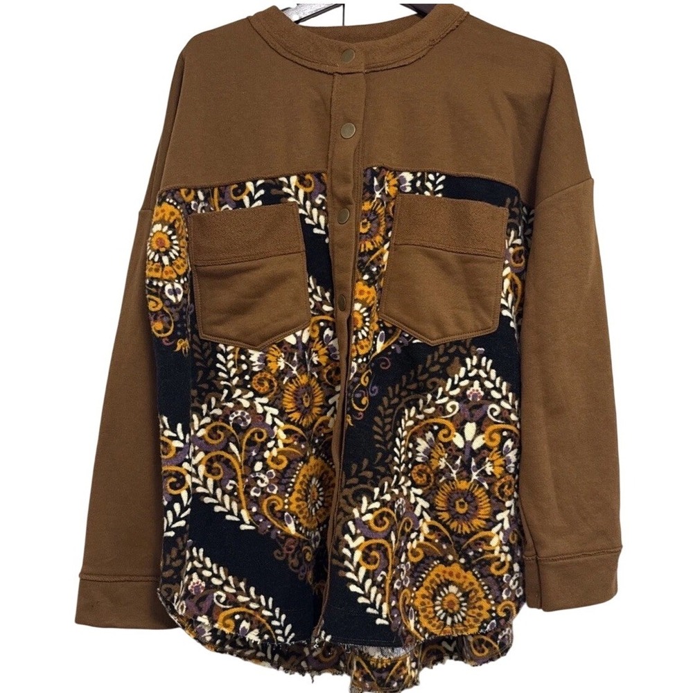 Earthbound Fleece Shacket XL Paisley Snap Front Jacket Brown Boho NWD *Read